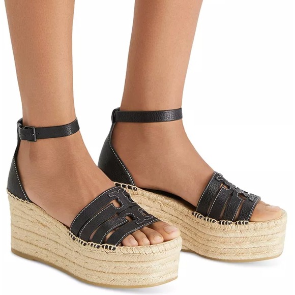 Tory Burch Size 9 Black Leather Espadrille Wedge Platform...